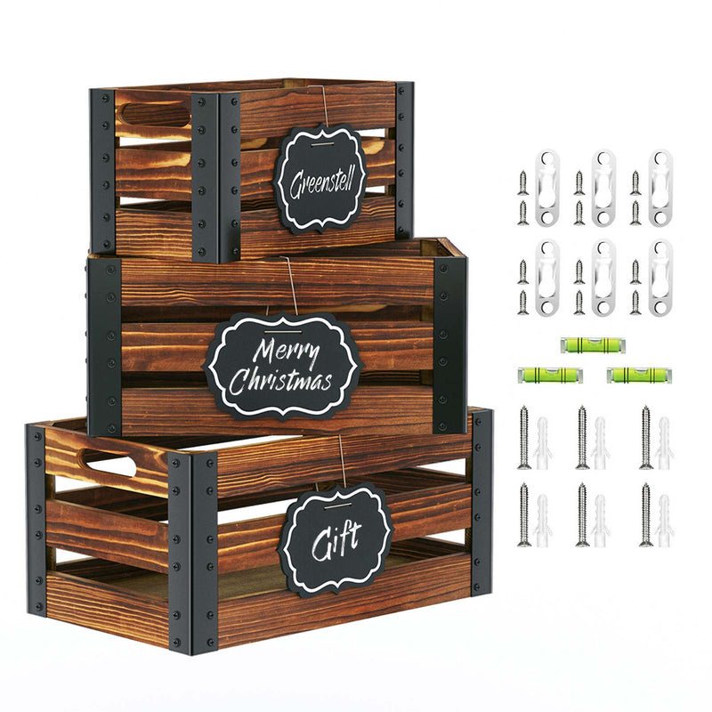 Greenstell Rustic Wooden Crate with Chalkboard, Cutout Handle and Metal Wraps