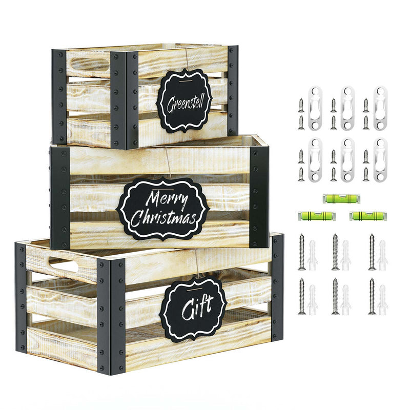 Greenstell Rustic Wooden Crate with Chalkboard, Cutout Handle and Metal Wraps