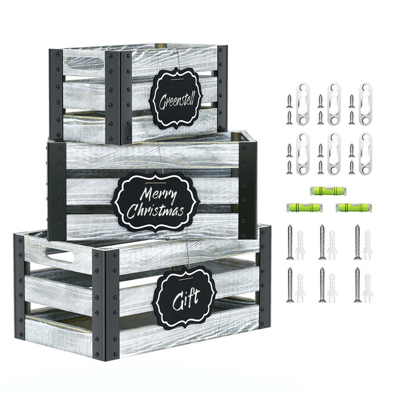 Greenstell Rustic Wooden Crate with Chalkboard, Cutout Handle and Metal Wraps