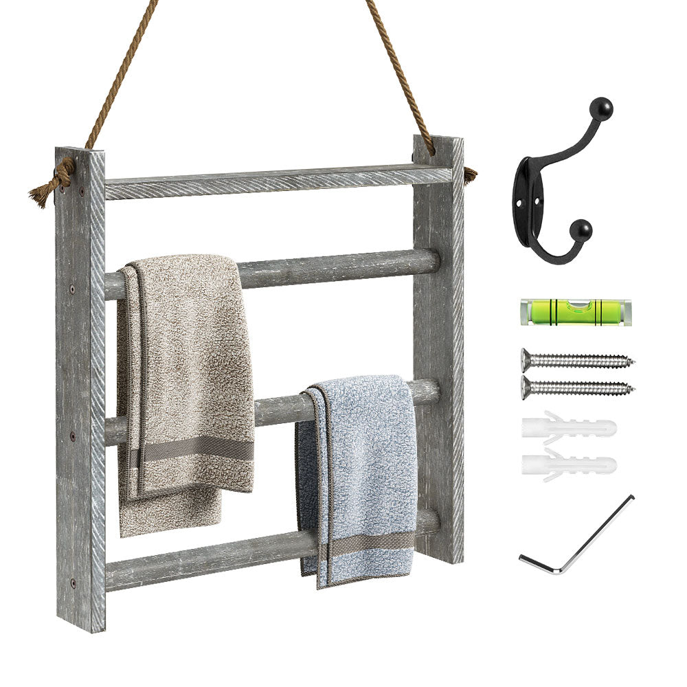 Greenstell Rustic Wood Wall Hanging Towel Rack Grey Large