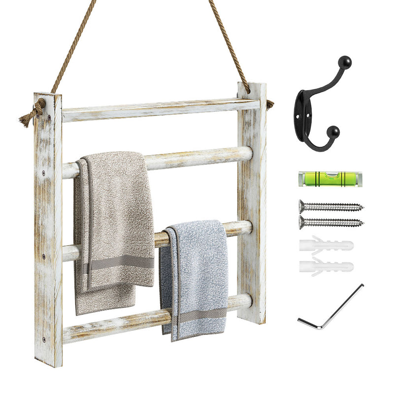 Greenstell Rustic Wood Wall-Hanging Towel Rack White Large