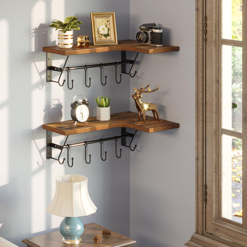 Greenstell Wall Mounted  Corner Wall Shelves, Floating Shelves with Adjustable Towel Holders & 8 Hooks