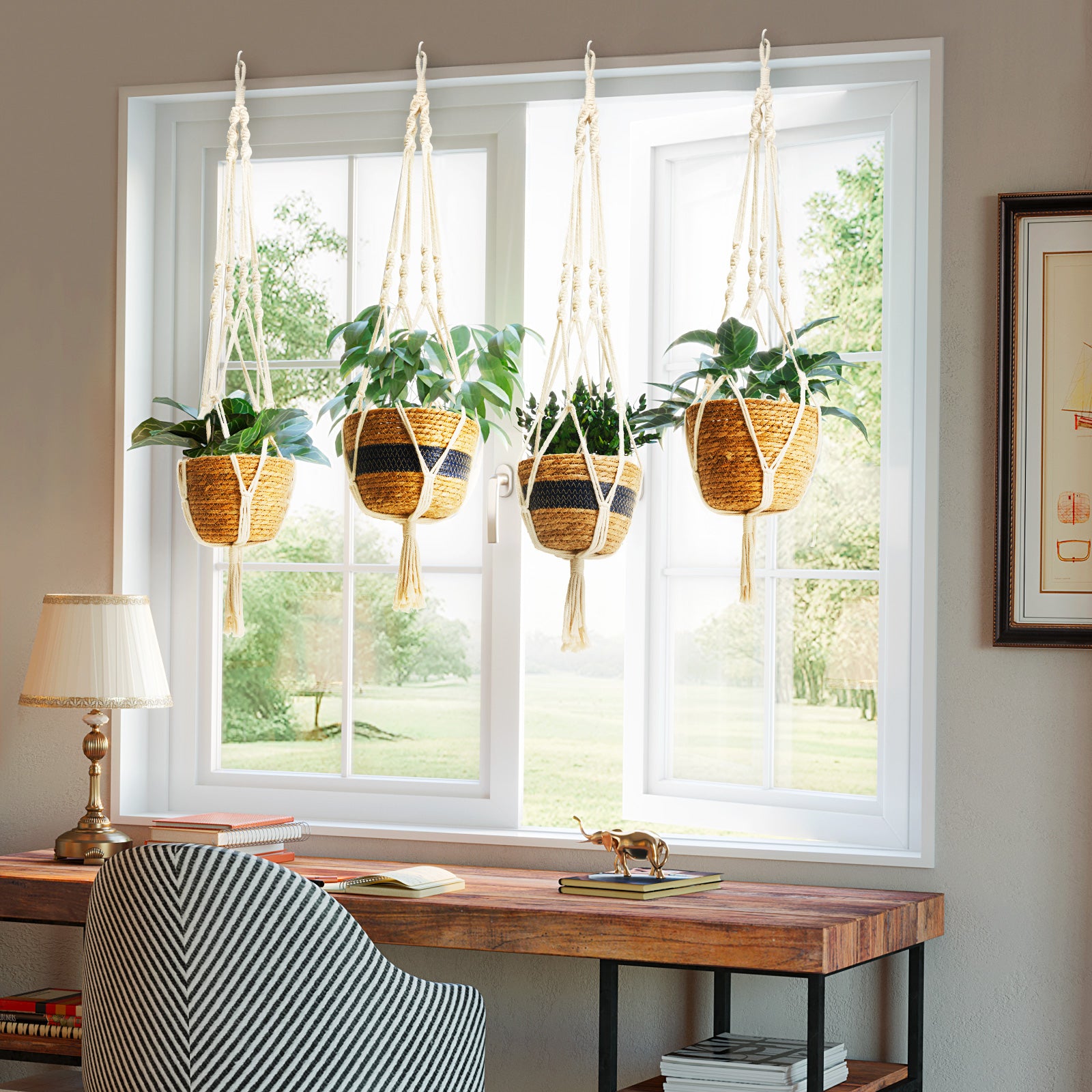 rope hanging plants Greenstell 3 Pcs Hand-woven Seagrass Hanging Planter & Macrame Ropes