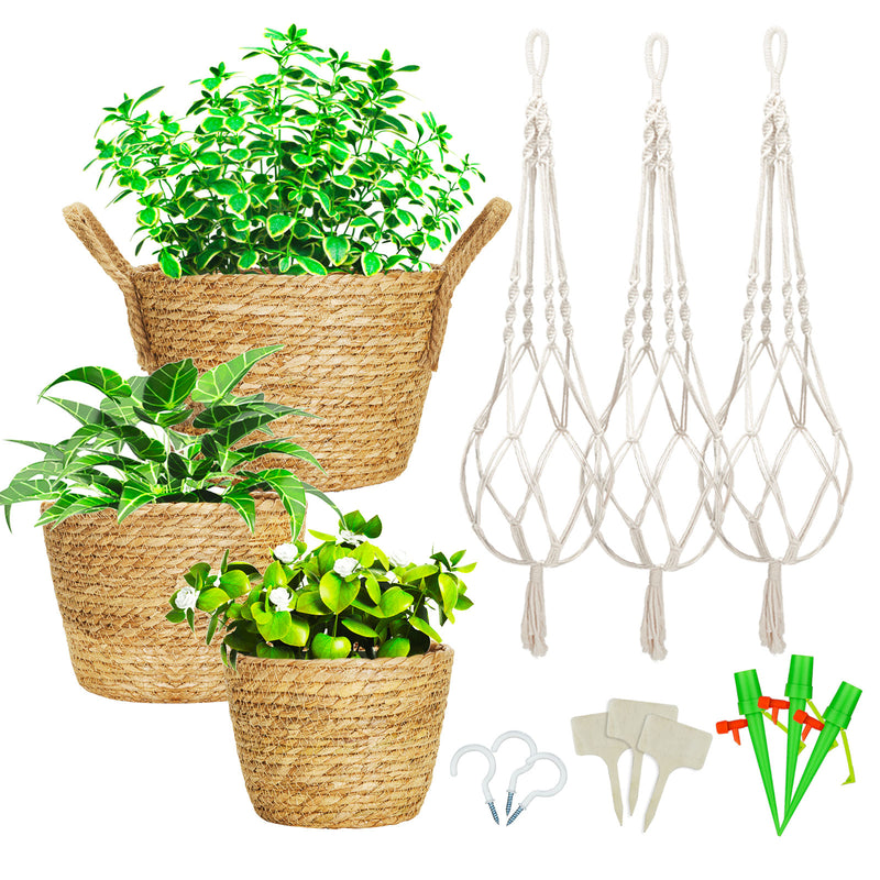 woven plant Greenstell 3 Pcs Hand-woven Seagrass Hanging Planter & Macrame Ropes