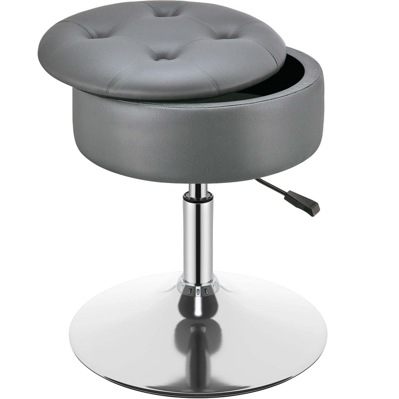 GREENSTELL Vanity Stool with Storage, 19" to 23" Height Adjustable PU Leather Vanity Chair, 360° Swivel Makeup Stool with Removeable Tray, Modern Ottoman for Bedroom Bathroom