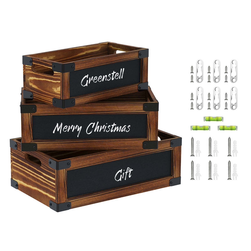 Greenstell Rustic Wooden Crate with Chalkboard, Cutout Handle and Metal Wraps