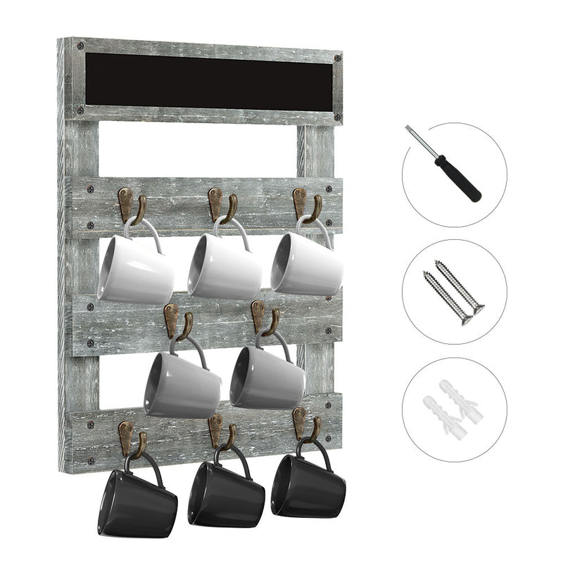 Greenstell Rustic Wall Mounted Coffee Mug Rack with Chalkboard 8 Hooks Grey
