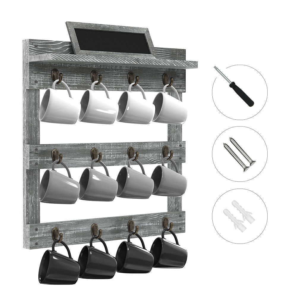 Greenstell Wall Mounted Coffee Mug Rack with Chalkboard 12 Hooks Grey