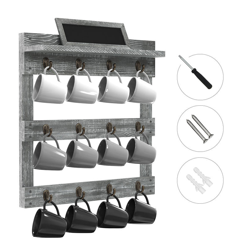 Greenstell Wall Mounted Coffee Mug Rack with Chalkboard 12 Hooks Grey