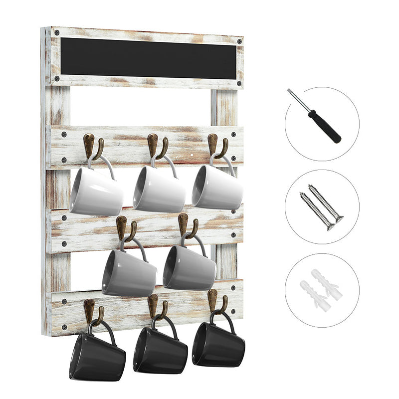 Greenstell Rustic Wall Mounted Coffee Mug Rack with Chalkboard 8 Hooks White
