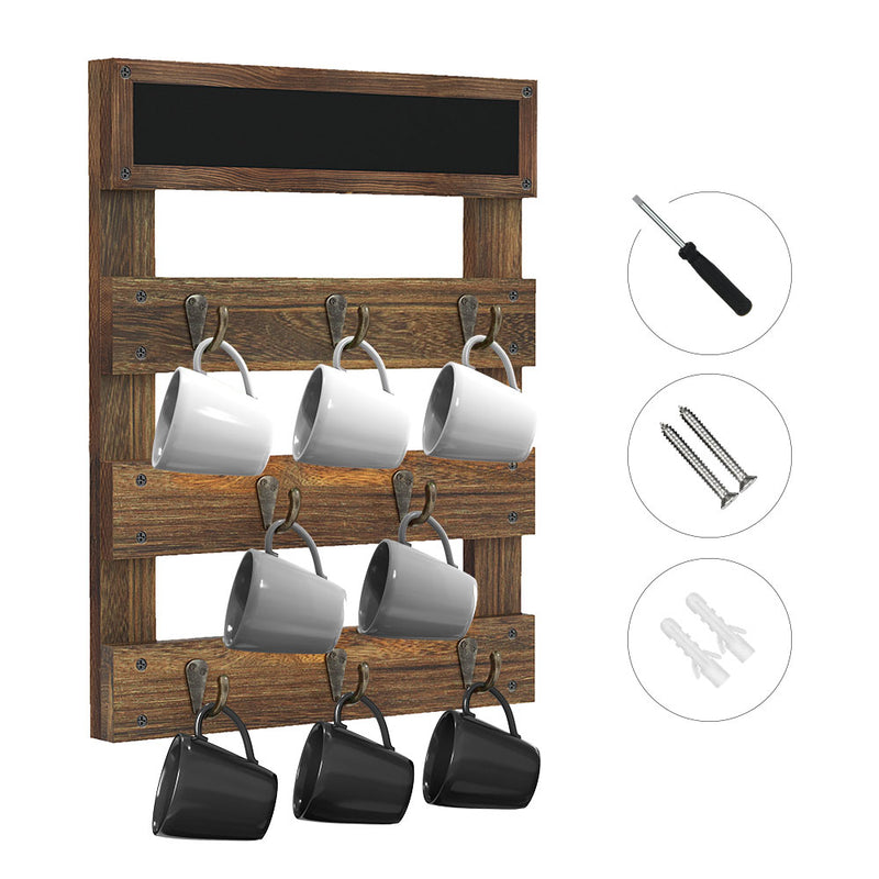 Greenstell Rustic Wall Mounted Coffee Mug Holder Chalkboard 8 Hooks Brown