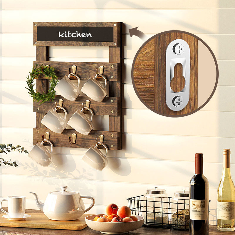 Rustic Wall Mounted Cup Organizer Wood Hanging Mug Rack w/Hooks