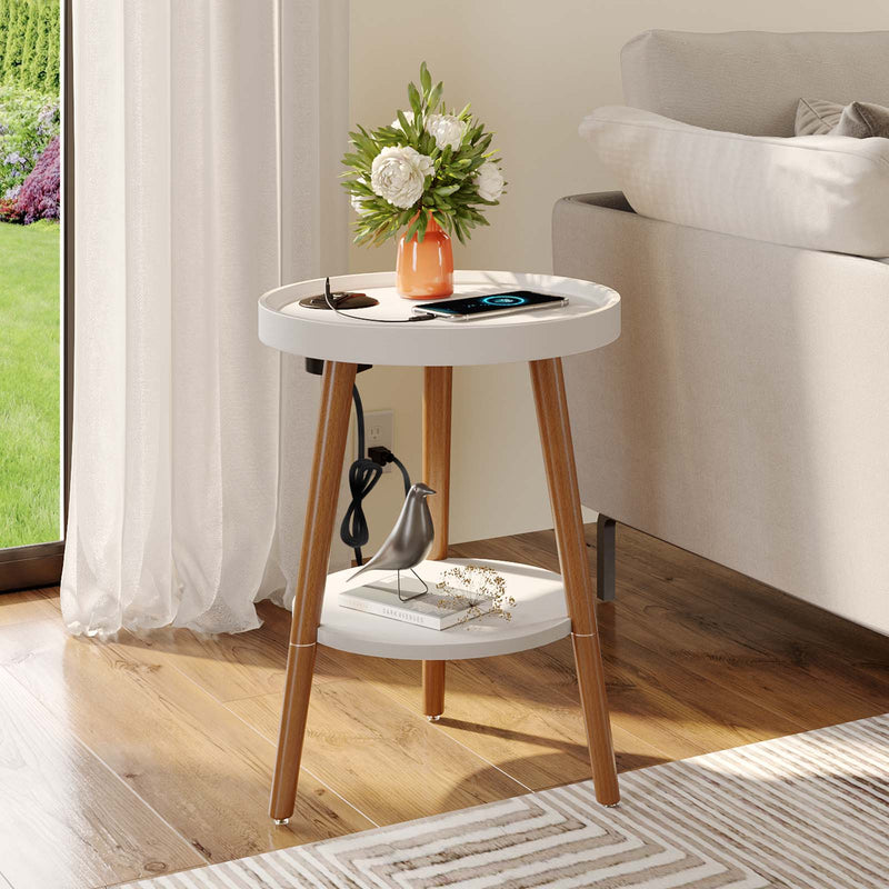 Greenstell 2-Tier Round End Table with Power Outlet