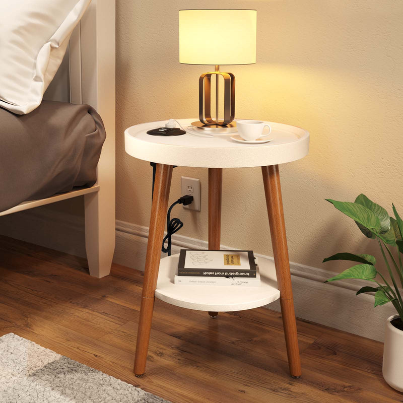 Greenstell 2-Tier Round End Table with Power Outlet