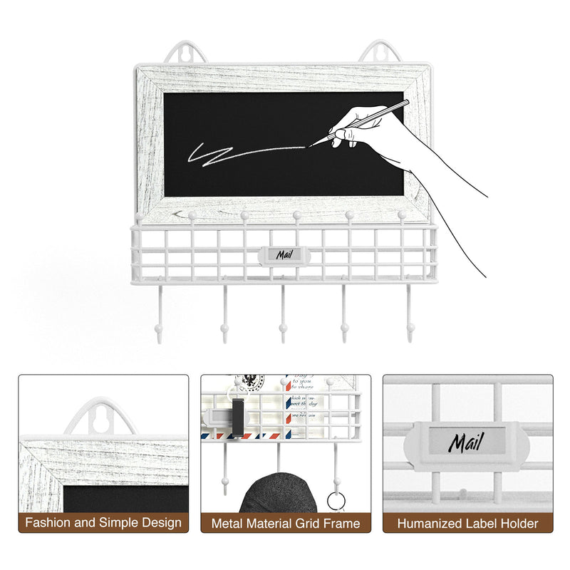 Greenstell Wooden Key Hooks for Wall with Chalkboard and Mail Sorter White