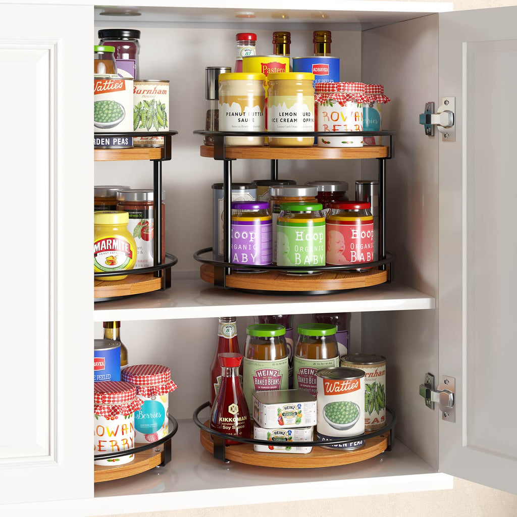 Organizing spices! Use turn tables in that awkward corner cupboard.  Corner  kitchen cabinet, Kitchen corner cupboard, Kitchen cabinet shelves