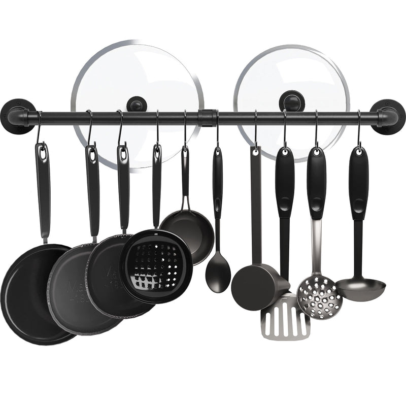 Greenstell Wall Mounted Pot Rack Black with 14 Detachable Sliding Hooks