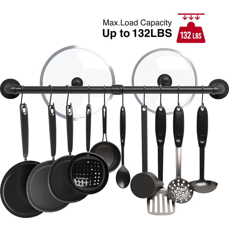 Greenstell Wall Mounted Pot Rack Black with 14 Detachable Sliding Hooks