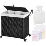 Greenstell Laundry Hamper with Wheels&Lid, 140L Large 3 Sections Clothes Hamper with 2 Types Removable Liner Bags, 5 Mesh Laundry Bags, Handwoven Divided Laundry Basket for Clothes