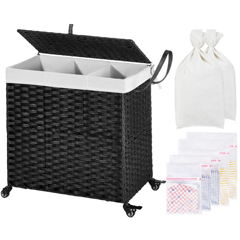 Greenstell Laundry Hamper with Wheels&Lid, 140L Large 3 Sections Clothes Hamper with 2 Types Removable Liner Bags, 5 Mesh Laundry Bags, Handwoven Divided Laundry Basket for Clothes