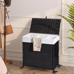 Greenstell Laundry Hamper with Wheels&Lid, 140L Large 3 Sections Clothes Hamper with 2 Types Removable Liner Bags, 5 Mesh Laundry Bags, Handwoven Divided Laundry Basket for Clothes