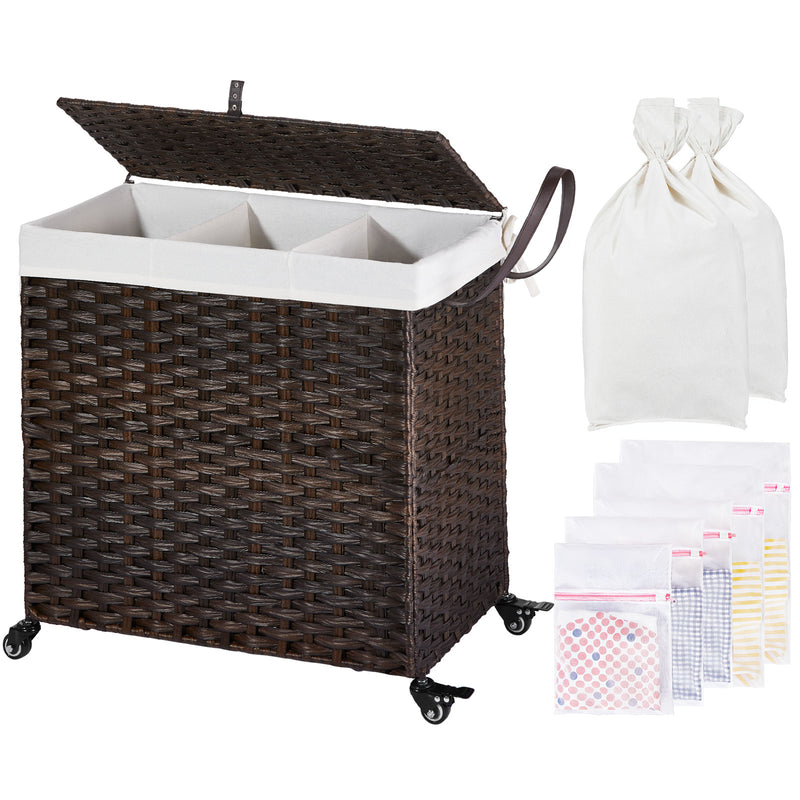 Greenstell Laundry Hamper with Wheels&Lid, 140L Large 3 Sections Clothes Hamper with 2 Types Removable Liner Bags, 5 Mesh Laundry Bags, Handwoven Divided Laundry Basket for Clothes