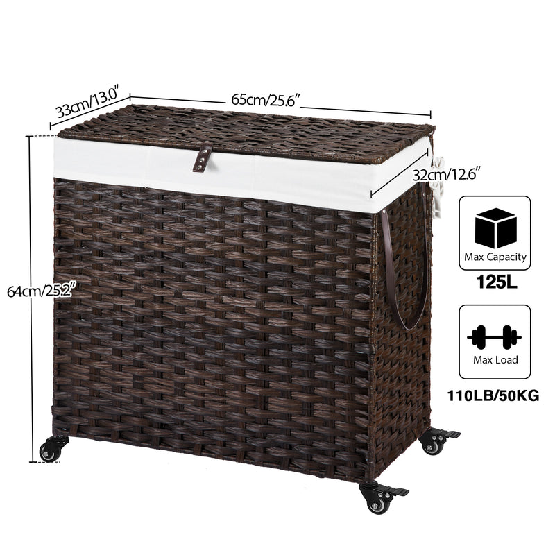 Greenstell Laundry Hamper with Wheels&Lid, 140L Large 3 Sections Clothes Hamper with 2 Types Removable Liner Bags, 5 Mesh Laundry Bags, Handwoven Divided Laundry Basket for Clothes
