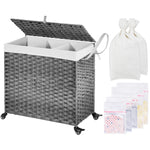 Greenstell Laundry Hamper with Wheels&Lid, 140L Large 3 Sections Clothes Hamper with 2 Types Removable Liner Bags, 5 Mesh Laundry Bags, Handwoven Divided Laundry Basket for Clothes