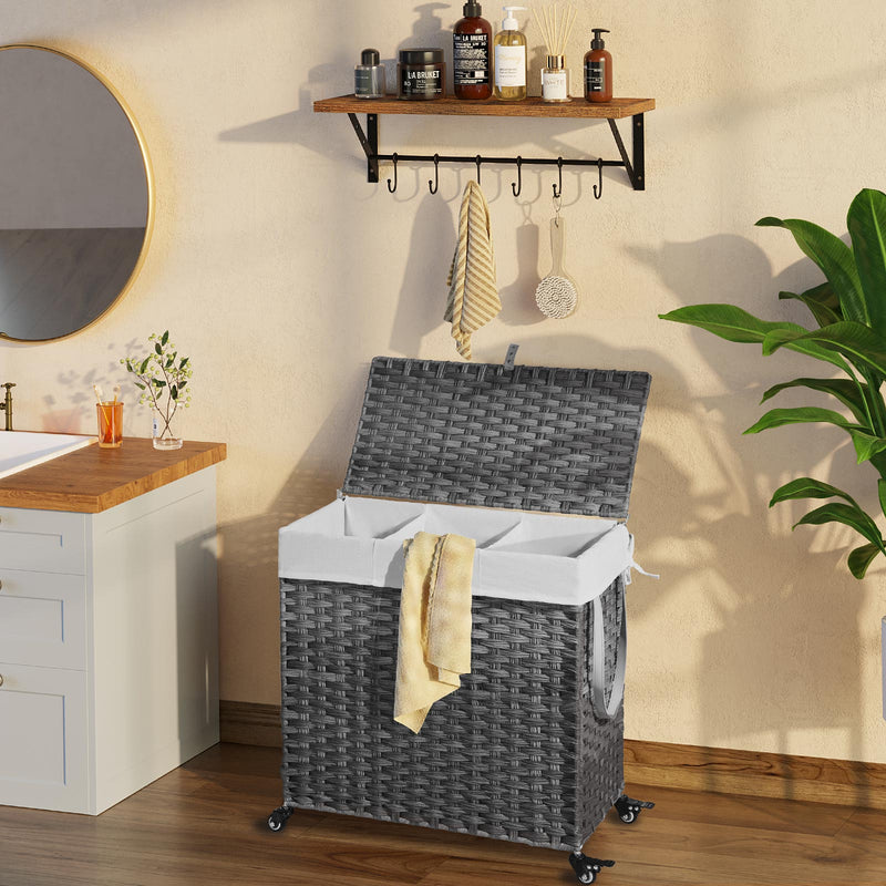 Greenstell Laundry Hamper with Wheels&Lid, 140L Large 3 Sections Clothes Hamper with 2 Types Removable Liner Bags, 5 Mesh Laundry Bags, Handwoven Divided Laundry Basket for Clothes