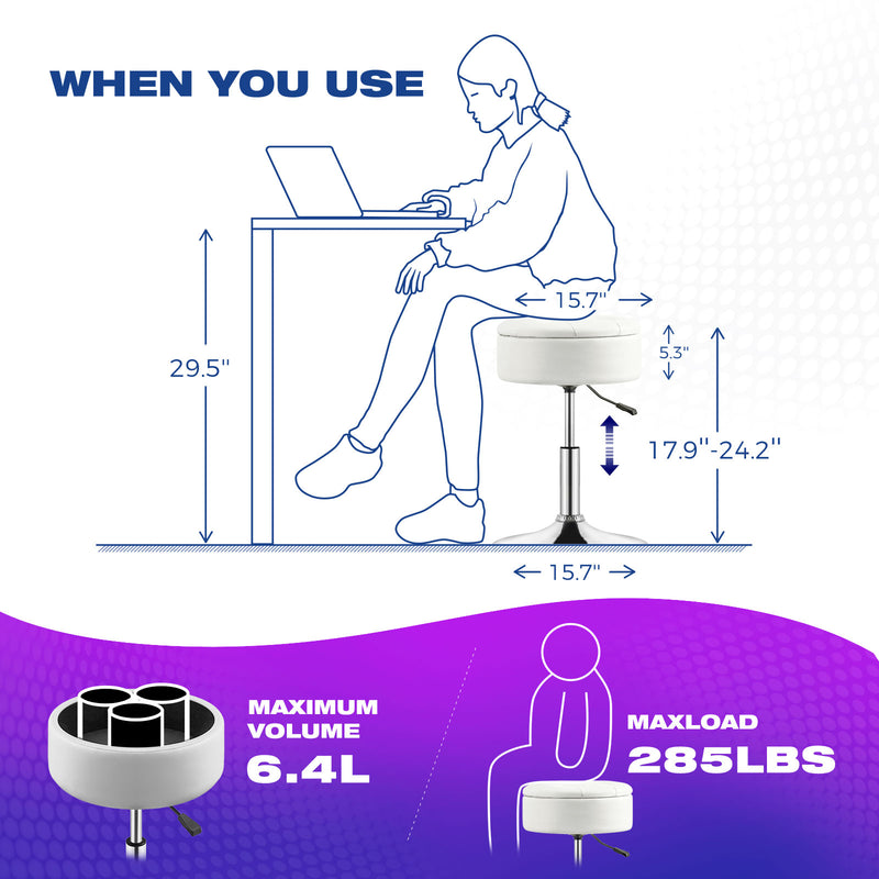 GREENSTELL Vanity Stool with Storage, 19" to 23" Height Adjustable PU Leather Vanity Chair, 360° Swivel Makeup Stool with Removeable Tray, Modern Ottoman for Bedroom Bathroom