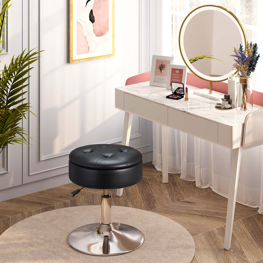 GREENSTELL Vanity Stool with Storage, 19" to 23" Height Adjustable PU Leather Vanity Chair, 360° Swivel Makeup Stool with Removeable Tray, Modern Ottoman for Bedroom Bathroom